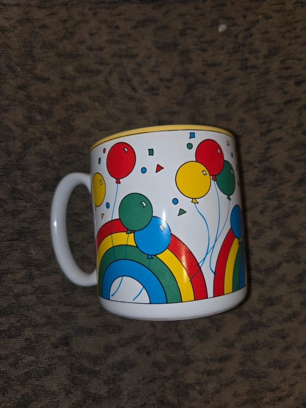 White Ceramic Mug with Colorful Rainbows & Balloons